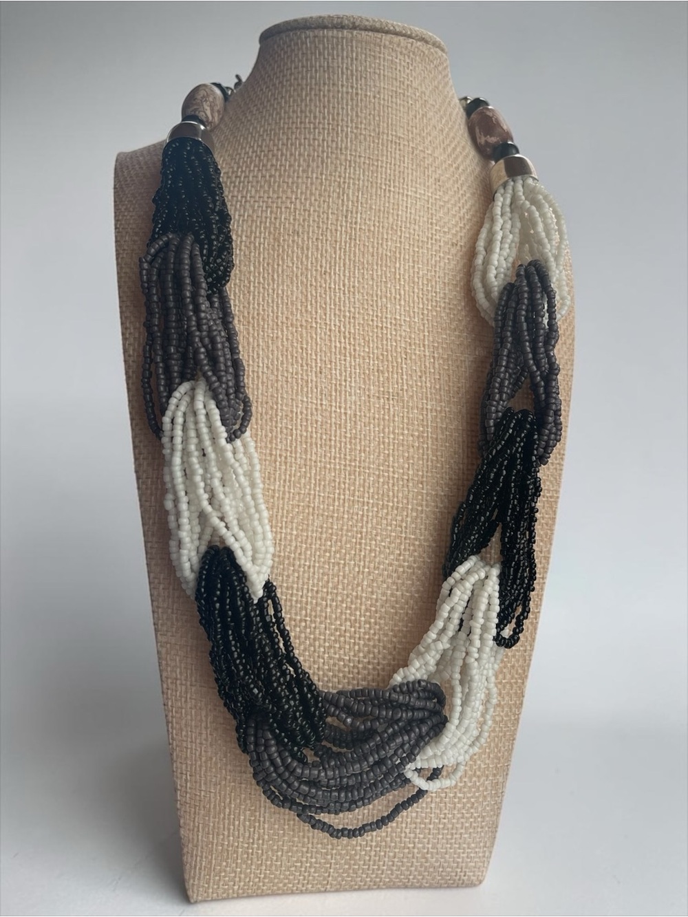 Vintage Black Gray White Multi Strand Seed Bead Loop Collar Necklace